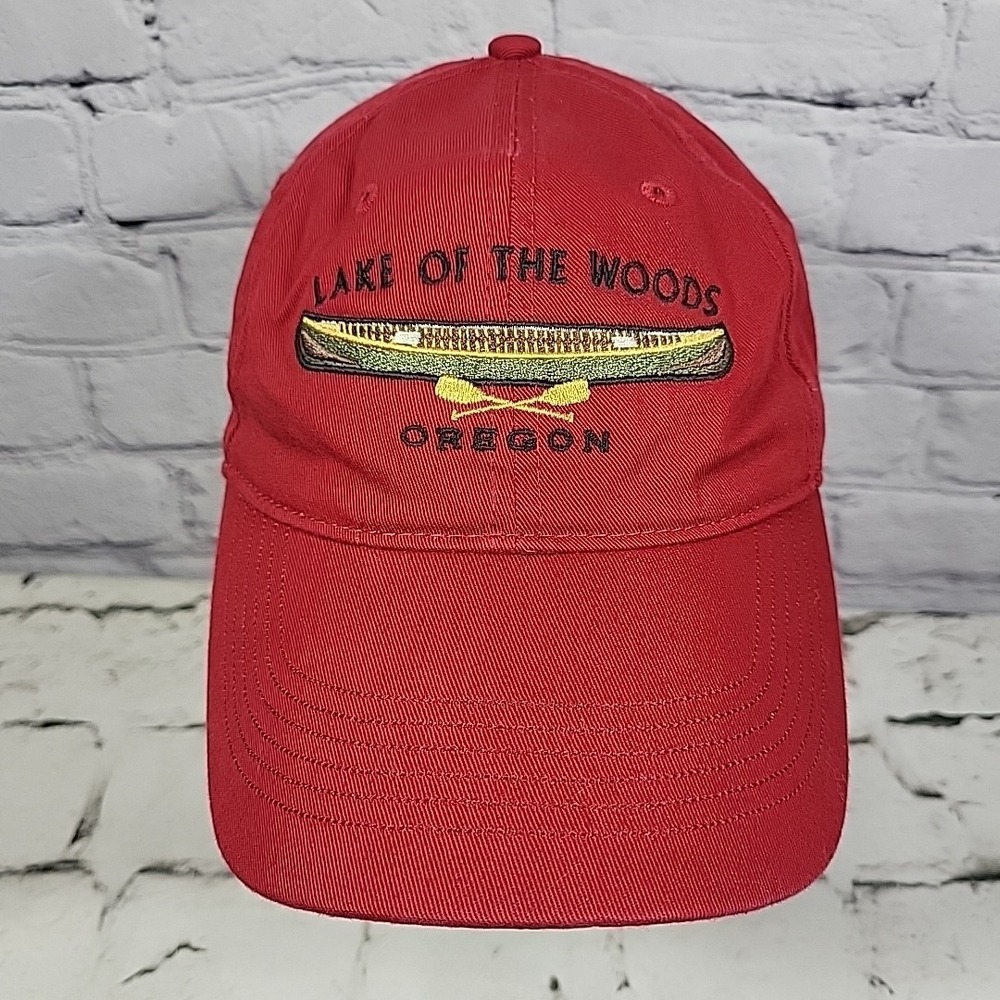 Lake Of The Woods Oregon Hat Mens Red OSFA Embroidered Canoe Outdoor Travel Cap